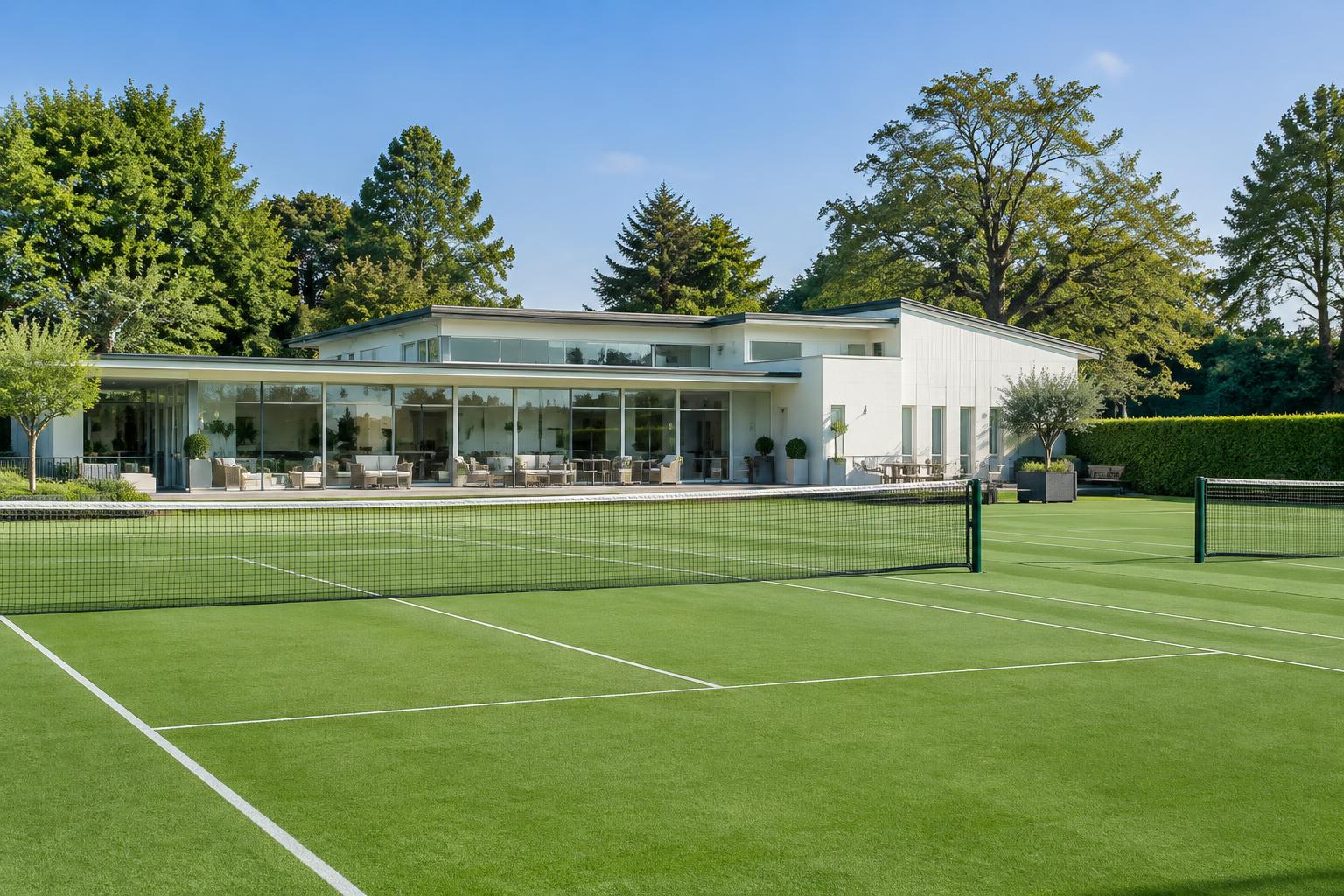 Green tennis courts outside a contemporary sports clubhouse