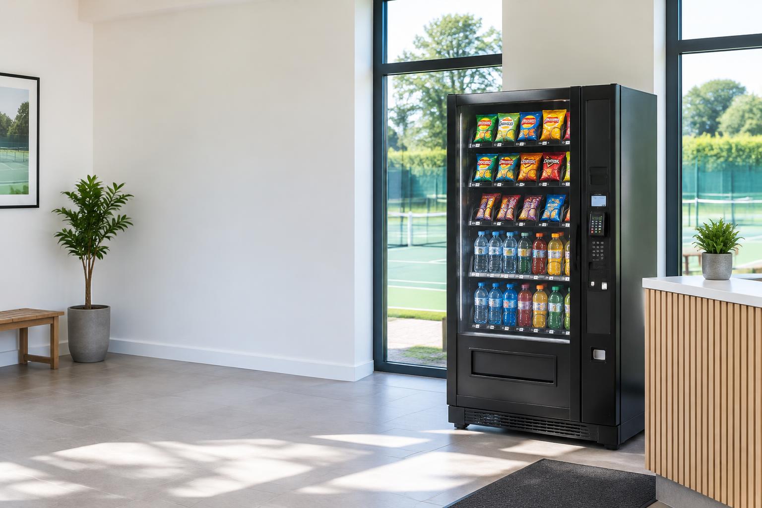 Modern glass-front snack and drink vending machine in a bright sports club reception